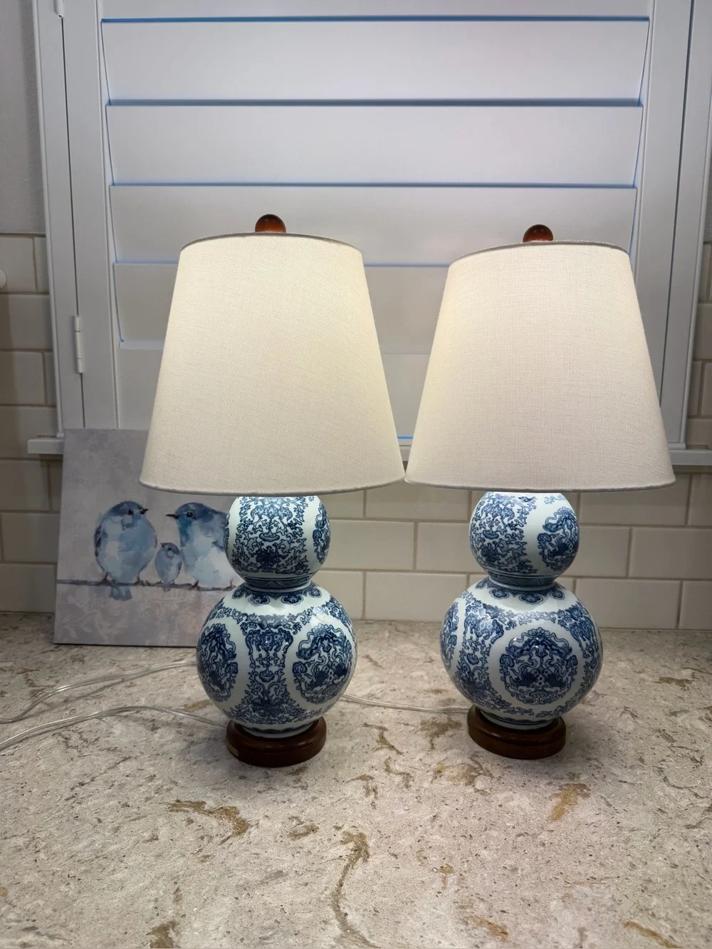 Ralph Lauren Home Blue & White Porcelain Double Gourd Table Lamps. Pair.